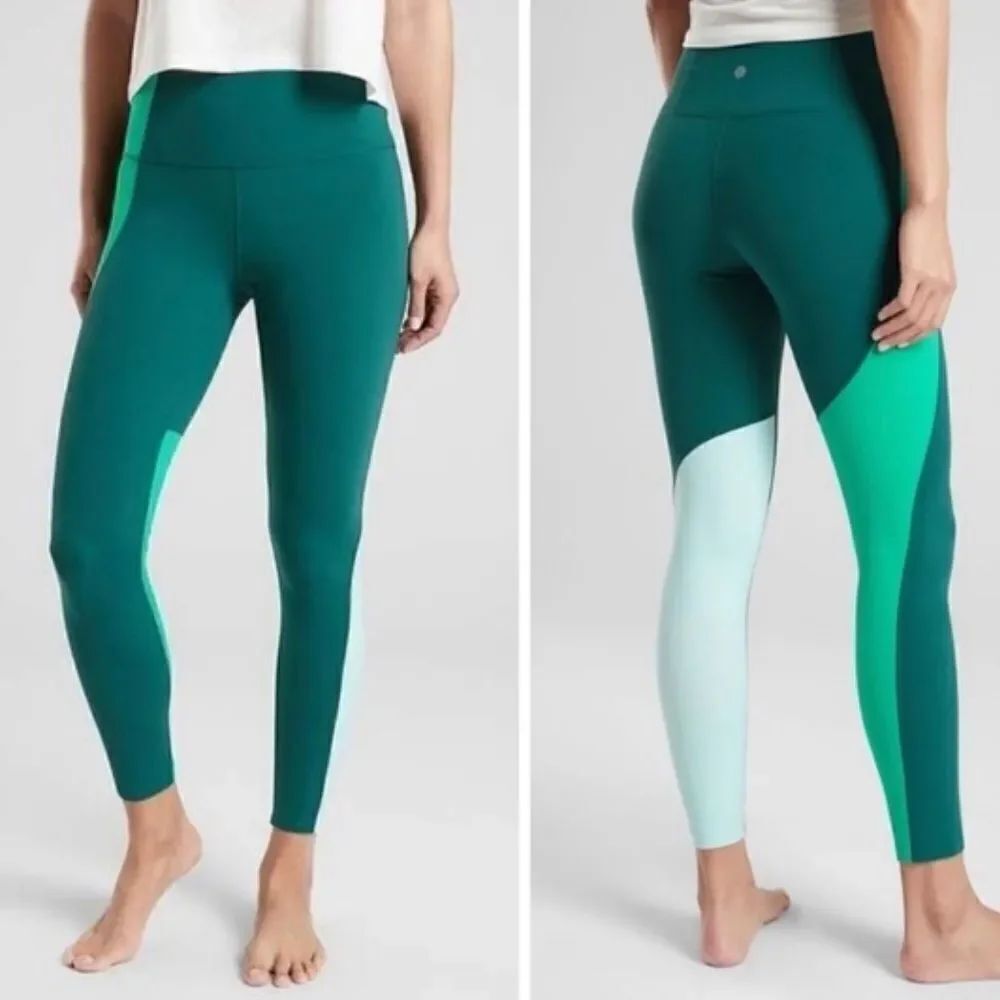 Athleta Elation 7/8 High Rise Green Colorblock Leggings Size Small